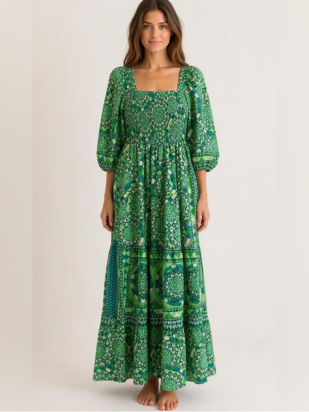 Me 2 Magic Boho Maxi Dress Green Blue  Tiered Smock Bodice 2X